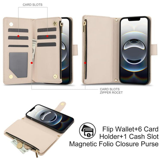 For iPhone 16e YM016 Rhombic Zipper Card Wallet Leather Phone Case with Lanyard(Apricot) - iPhone 16e Cases by buy2fix | Online Shopping UK | buy2fix