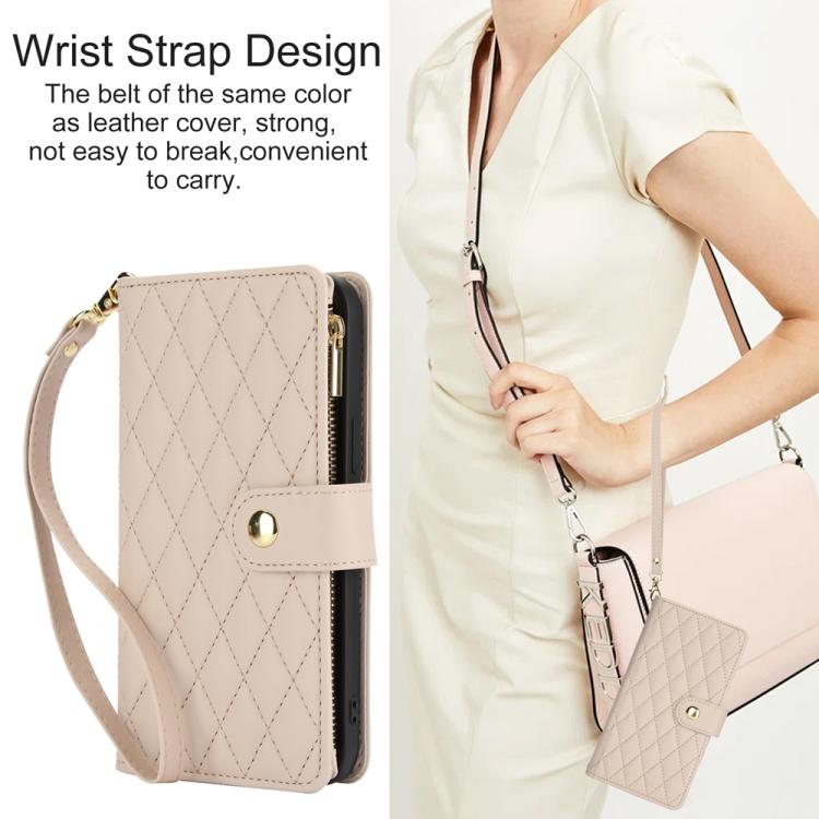 For iPhone 16e YM016 Rhombic Zipper Card Wallet Leather Phone Case with Lanyard(Apricot) - iPhone 16e Cases by buy2fix | Online Shopping UK | buy2fix