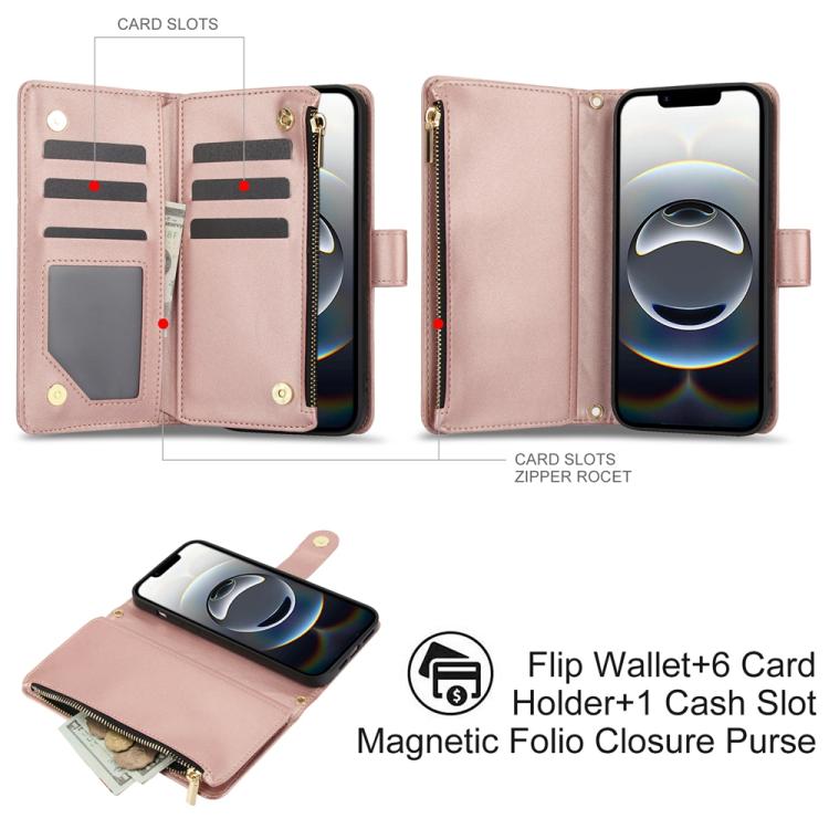 For iPhone 16e YM016 Rhombic Zipper Card Wallet Leather Phone Case with Lanyard(Rose Gold) - iPhone 16e Cases by buy2fix | Online Shopping UK | buy2fix