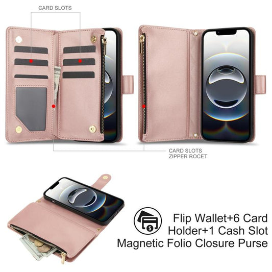For iPhone 16e YM016 Rhombic Zipper Card Wallet Leather Phone Case with Lanyard(Rose Gold) - iPhone 16e Cases by buy2fix | Online Shopping UK | buy2fix