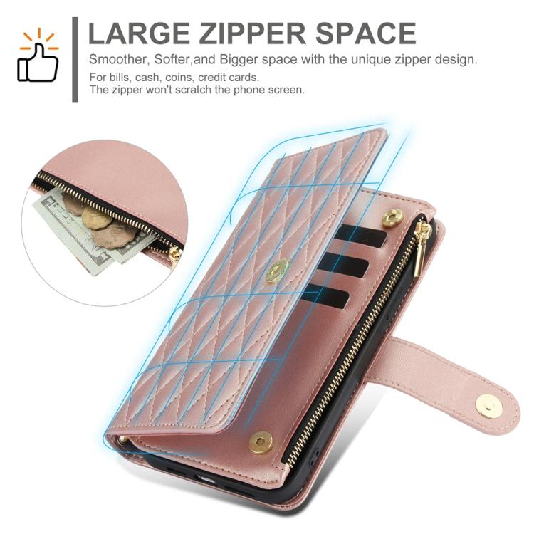 For iPhone 16e YM016 Rhombic Zipper Card Wallet Leather Phone Case with Lanyard(Rose Gold) - iPhone 16e Cases by buy2fix | Online Shopping UK | buy2fix