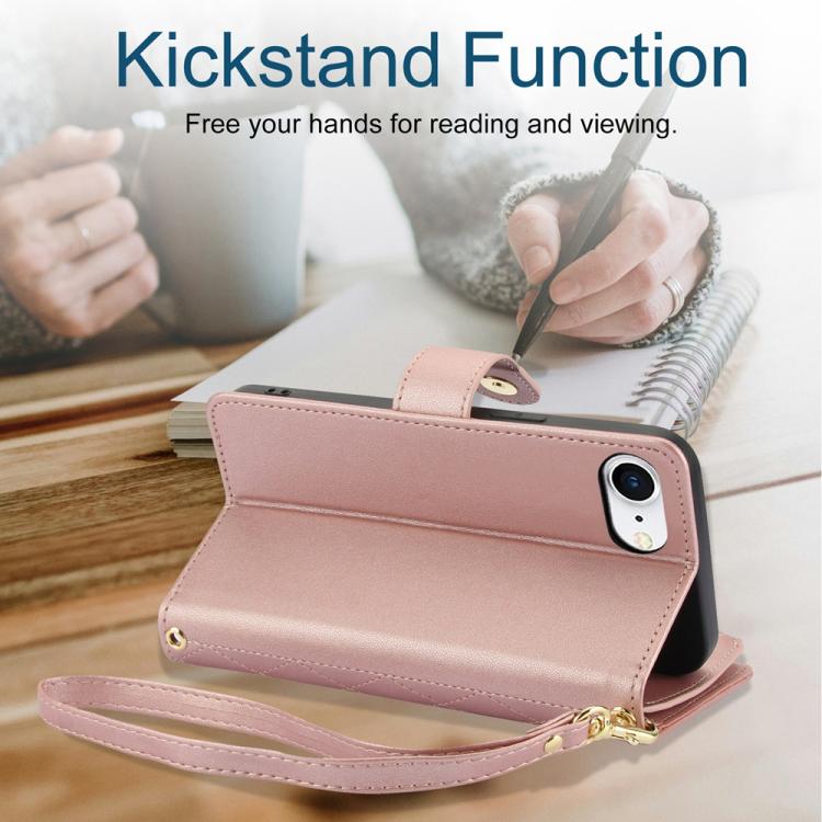 For iPhone 16e YM016 Rhombic Zipper Card Wallet Leather Phone Case with Lanyard(Rose Gold) - iPhone 16e Cases by buy2fix | Online Shopping UK | buy2fix