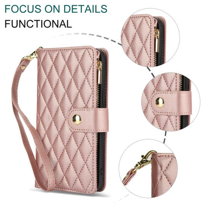 For iPhone 16e YM016 Rhombic Zipper Card Wallet Leather Phone Case with Lanyard(Rose Gold) - iPhone 16e Cases by buy2fix | Online Shopping UK | buy2fix