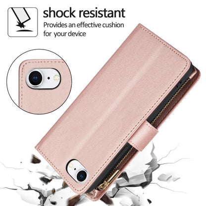 For iPhone 16e YM016 Rhombic Zipper Card Wallet Leather Phone Case with Lanyard(Rose Gold) - iPhone 16e Cases by buy2fix | Online Shopping UK | buy2fix