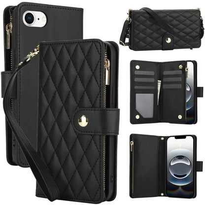 For iPhone 16e YM016 Rhombic Zipper Card Wallet Leather Phone Case with Lanyard(Black) - iPhone 16e Cases by buy2fix | Online Shopping UK | buy2fix