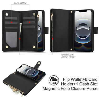 For iPhone 16e YM016 Rhombic Zipper Card Wallet Leather Phone Case with Lanyard(Black) - iPhone 16e Cases by buy2fix | Online Shopping UK | buy2fix
