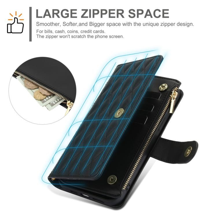 For iPhone 16e YM016 Rhombic Zipper Card Wallet Leather Phone Case with Lanyard(Black) - iPhone 16e Cases by buy2fix | Online Shopping UK | buy2fix