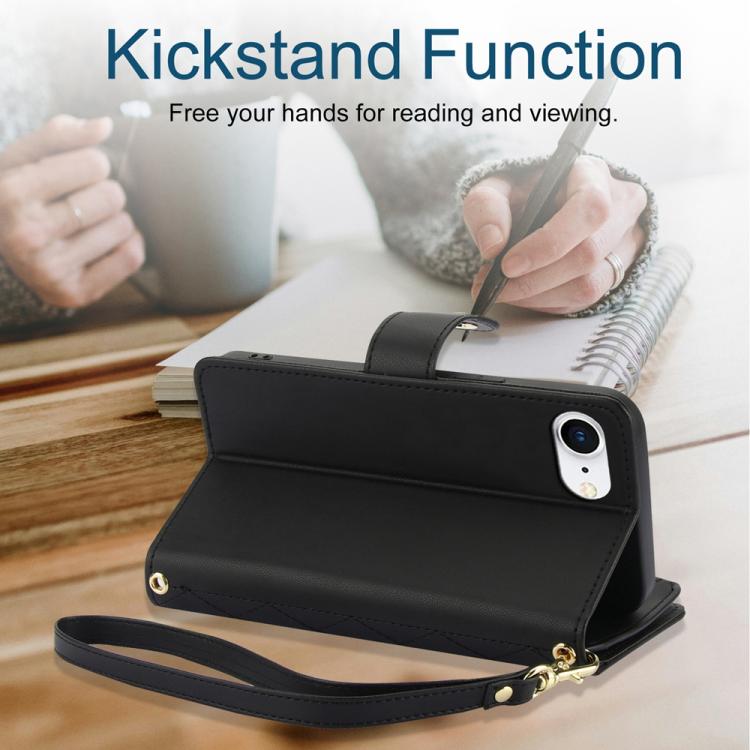 For iPhone 16e YM016 Rhombic Zipper Card Wallet Leather Phone Case with Lanyard(Black) - iPhone 16e Cases by buy2fix | Online Shopping UK | buy2fix