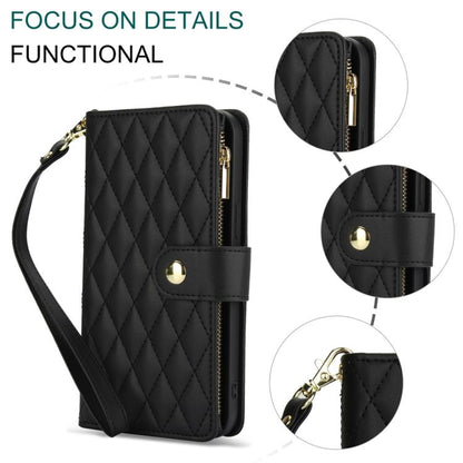 For iPhone 16e YM016 Rhombic Zipper Card Wallet Leather Phone Case with Lanyard(Black) - iPhone 16e Cases by buy2fix | Online Shopping UK | buy2fix