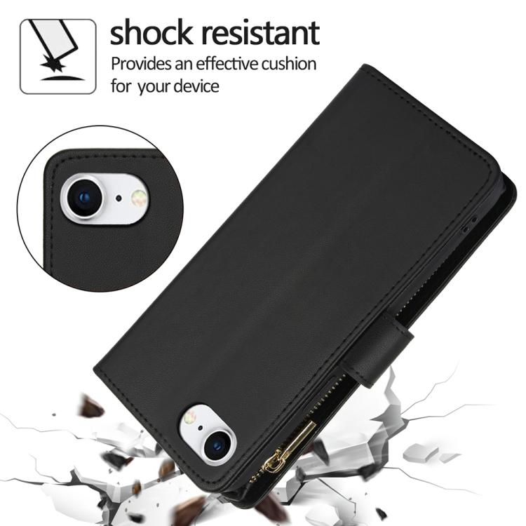 For iPhone 16e YM016 Rhombic Zipper Card Wallet Leather Phone Case with Lanyard(Black) - iPhone 16e Cases by buy2fix | Online Shopping UK | buy2fix