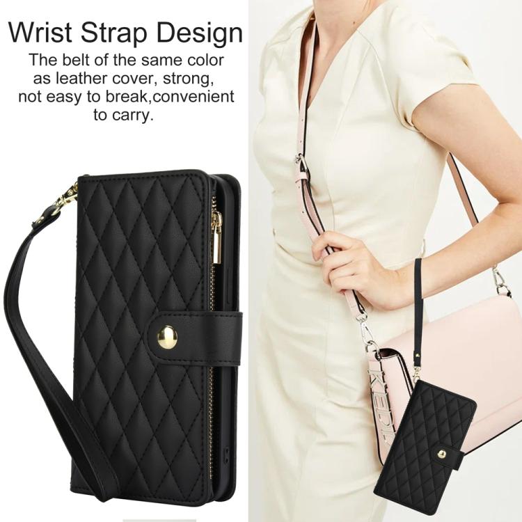 For iPhone 16e YM016 Rhombic Zipper Card Wallet Leather Phone Case with Lanyard(Black) - iPhone 16e Cases by buy2fix | Online Shopping UK | buy2fix