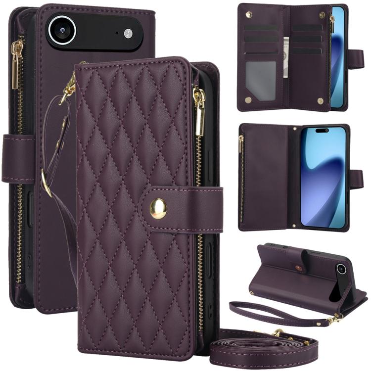 For iPhone Air YM016 Rhombic Zipper Card Wallet Leather Phone Case with Lanyard(Dark Purple) - iPhone Air Cases by buy2fix | Online Shopping UK | buy2fix