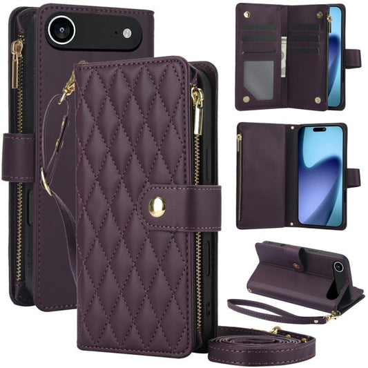 For iPhone Air YM016 Rhombic Zipper Card Wallet Leather Phone Case with Lanyard(Dark Purple) - iPhone Air Cases by buy2fix | Online Shopping UK | buy2fix