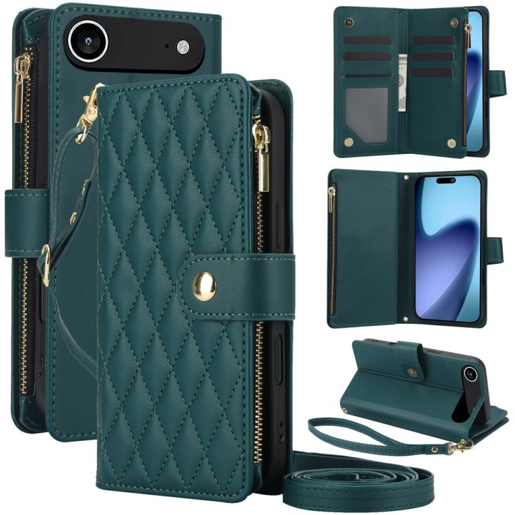 For iPhone Air YM016 Rhombic Zipper Card Wallet Leather Phone Case with Lanyard(Green) - iPhone Air Cases by buy2fix | Online Shopping UK | buy2fix