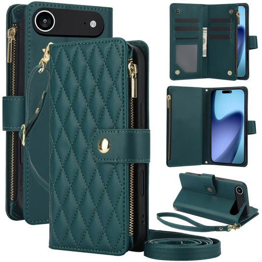 For iPhone Air YM016 Rhombic Zipper Card Wallet Leather Phone Case with Lanyard(Green) - iPhone Air Cases by buy2fix | Online Shopping UK | buy2fix