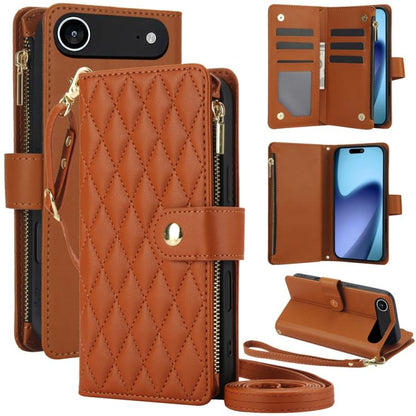 For iPhone Air YM016 Rhombic Zipper Card Wallet Leather Phone Case with Lanyard(Brown) - iPhone Air Cases by buy2fix | Online Shopping UK | buy2fix