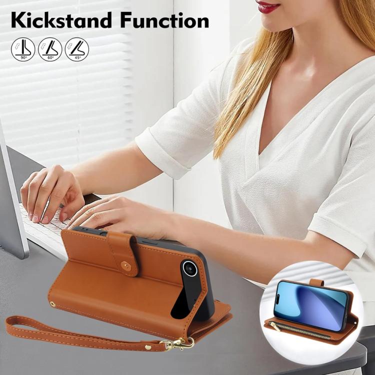 For iPhone Air YM016 Rhombic Zipper Card Wallet Leather Phone Case with Lanyard(Brown) - iPhone Air Cases by buy2fix | Online Shopping UK | buy2fix