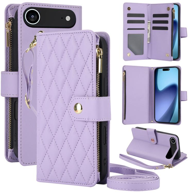 For iPhone Air YM016 Rhombic Zipper Card Wallet Leather Phone Case with Lanyard(Light Purple) - iPhone Air Cases by buy2fix | Online Shopping UK | buy2fix
