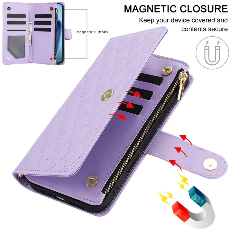 For iPhone Air YM016 Rhombic Zipper Card Wallet Leather Phone Case with Lanyard(Light Purple) - iPhone Air Cases by buy2fix | Online Shopping UK | buy2fix
