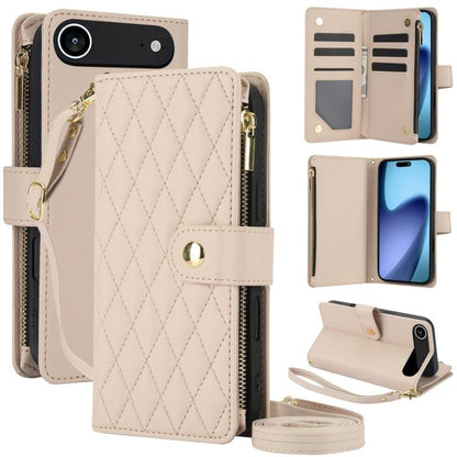 For iPhone Air YM016 Rhombic Zipper Card Wallet Leather Phone Case with Lanyard(Apricot) - iPhone Air Cases by buy2fix | Online Shopping UK | buy2fix