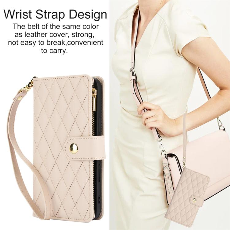 For iPhone Air YM016 Rhombic Zipper Card Wallet Leather Phone Case with Lanyard(Apricot) - iPhone Air Cases by buy2fix | Online Shopping UK | buy2fix