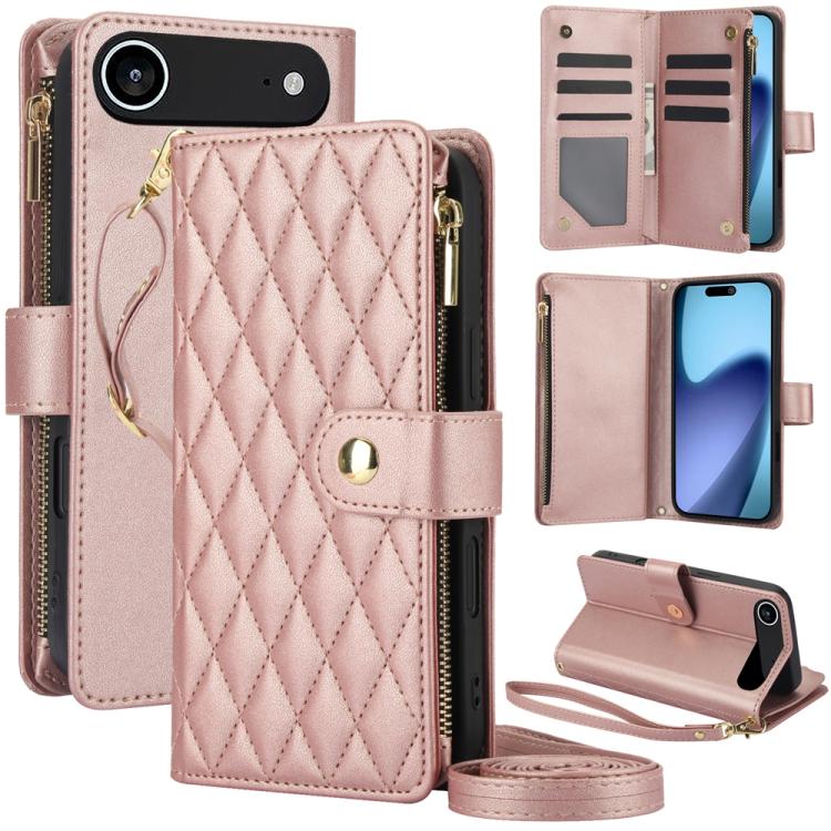 For iPhone Air YM016 Rhombic Zipper Card Wallet Leather Phone Case with Lanyard(Rose Gold) - iPhone Air Cases by buy2fix | Online Shopping UK | buy2fix