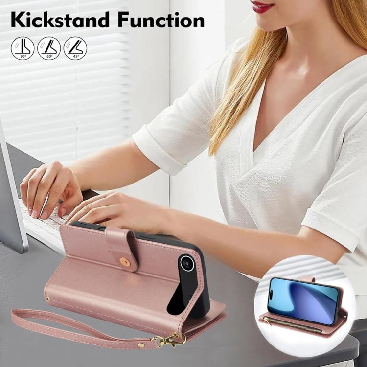 For iPhone Air YM016 Rhombic Zipper Card Wallet Leather Phone Case with Lanyard(Rose Gold) - iPhone Air Cases by buy2fix | Online Shopping UK | buy2fix