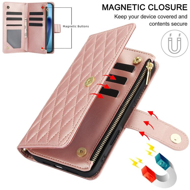 For iPhone Air YM016 Rhombic Zipper Card Wallet Leather Phone Case with Lanyard(Rose Gold) - iPhone Air Cases by buy2fix | Online Shopping UK | buy2fix