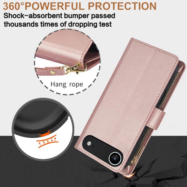 For iPhone Air YM016 Rhombic Zipper Card Wallet Leather Phone Case with Lanyard(Rose Gold) - iPhone Air Cases by buy2fix | Online Shopping UK | buy2fix