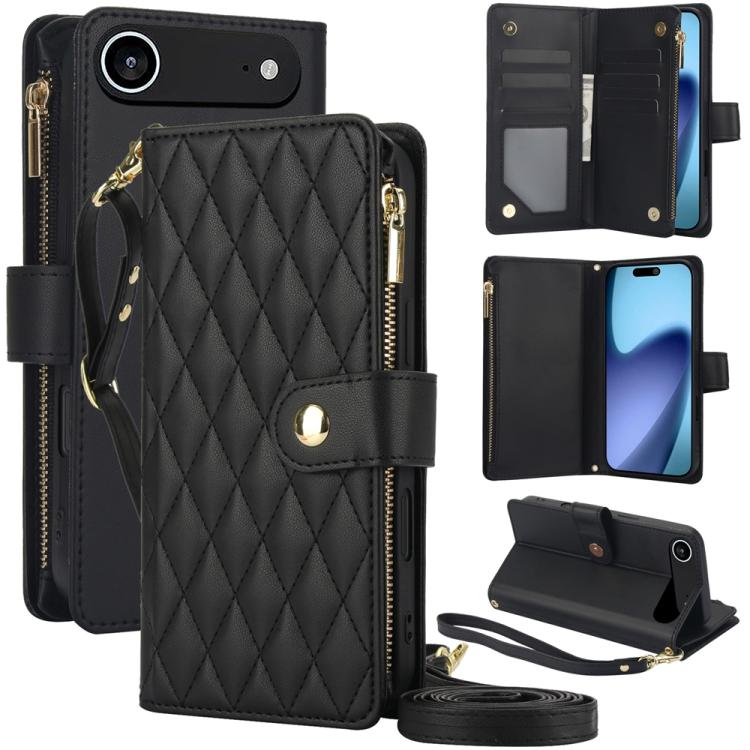 For iPhone Air YM016 Rhombic Zipper Card Wallet Leather Phone Case with Lanyard(Black) - iPhone Air Cases by buy2fix | Online Shopping UK | buy2fix