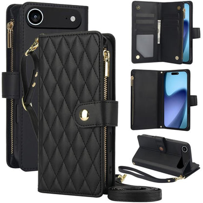 For iPhone Air YM016 Rhombic Zipper Card Wallet Leather Phone Case with Lanyard(Black) - iPhone Air Cases by buy2fix | Online Shopping UK | buy2fix