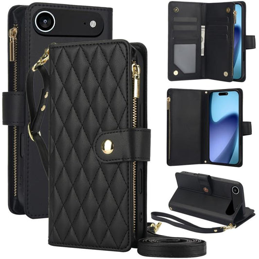 For iPhone Air YM016 Rhombic Zipper Card Wallet Leather Phone Case with Lanyard(Black) - iPhone Air Cases by buy2fix | Online Shopping UK | buy2fix