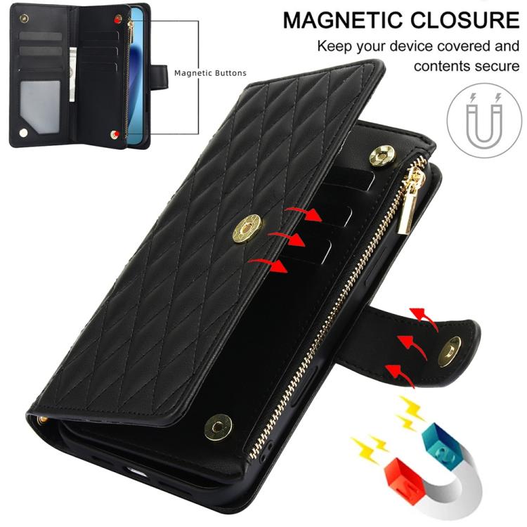 For iPhone Air YM016 Rhombic Zipper Card Wallet Leather Phone Case with Lanyard(Black) - iPhone Air Cases by buy2fix | Online Shopping UK | buy2fix