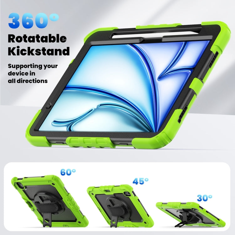 For iPad Air 11 2025 / 2024 Turntable Holder Silicone Hybrid PC Tablet Case with Shoulder Strap(Black + Yellow Green) - iPad Air 11 2025 / 2024 Cases by buy2fix | Online Shopping UK | buy2fix