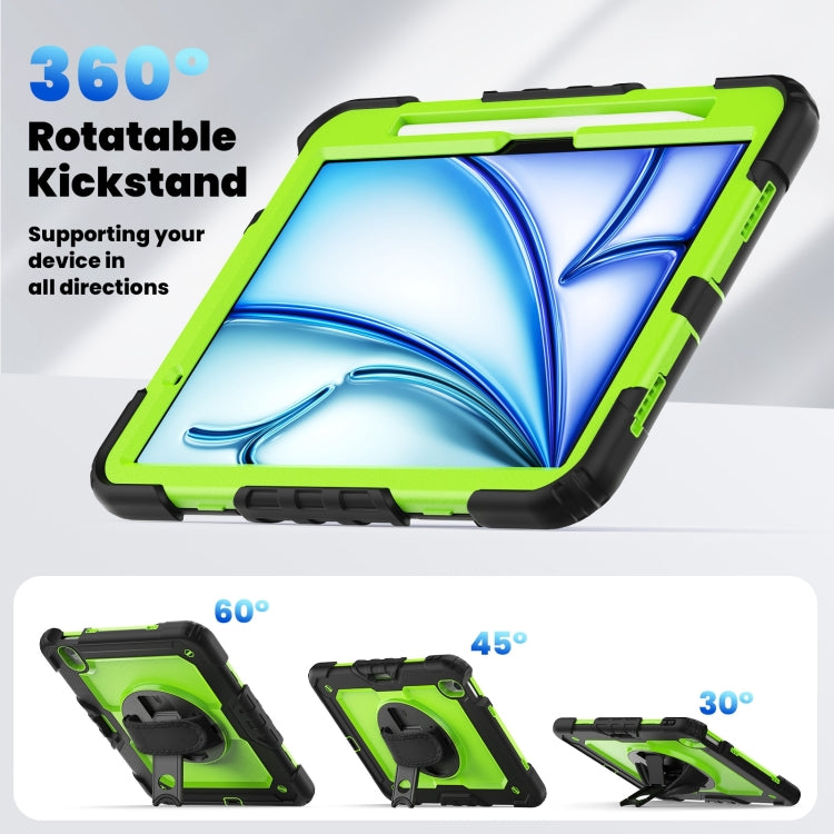 For iPad Air 11 2025 / 2024 Turntable Holder Silicone Hybrid PC Tablet Case with Shoulder Strap(Yellow Green + Black) - iPad Air 11 2025 / 2024 Cases by buy2fix | Online Shopping UK | buy2fix