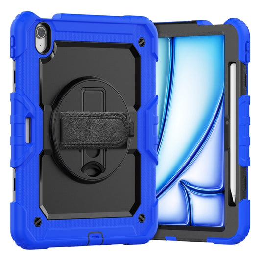 For iPad Air 11 2025 / 2024 Turntable Holder Silicone Hybrid PC Tablet Case with Shoulder Strap(Black + Dark Blue) - iPad Air 11 2025 / 2024 Cases by buy2fix | Online Shopping UK | buy2fix