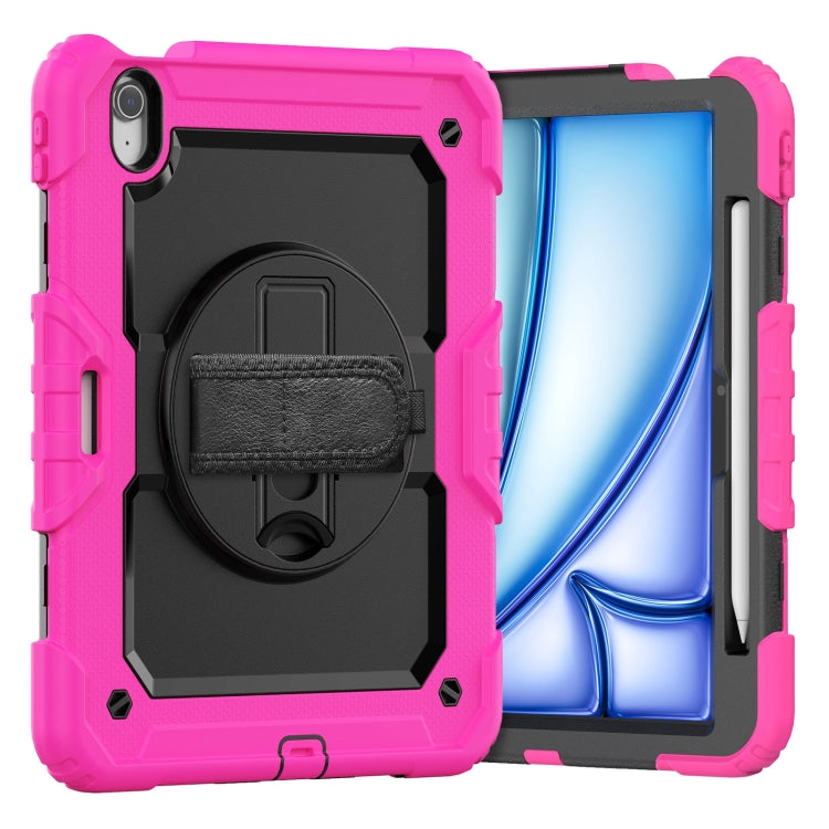 For iPad Air 11 2025 / 2024 Turntable Holder Silicone Hybrid PC Tablet Case with Shoulder Strap(Black + Rose Red) - iPad Air 11 2025 / 2024 Cases by buy2fix | Online Shopping UK | buy2fix