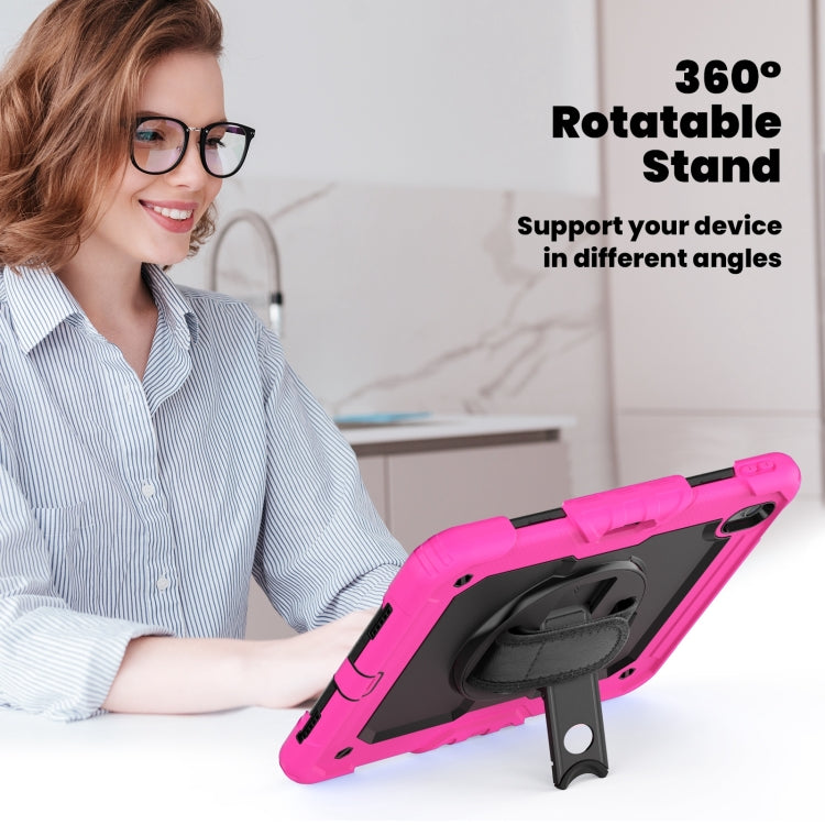 For iPad Air 11 2025 / 2024 Turntable Holder Silicone Hybrid PC Tablet Case with Shoulder Strap(Black + Rose Red) - iPad Air 11 2025 / 2024 Cases by buy2fix | Online Shopping UK | buy2fix