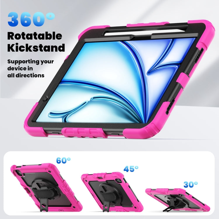 For iPad Air 11 2025 / 2024 Turntable Holder Silicone Hybrid PC Tablet Case with Shoulder Strap(Black + Rose Red) - iPad Air 11 2025 / 2024 Cases by buy2fix | Online Shopping UK | buy2fix