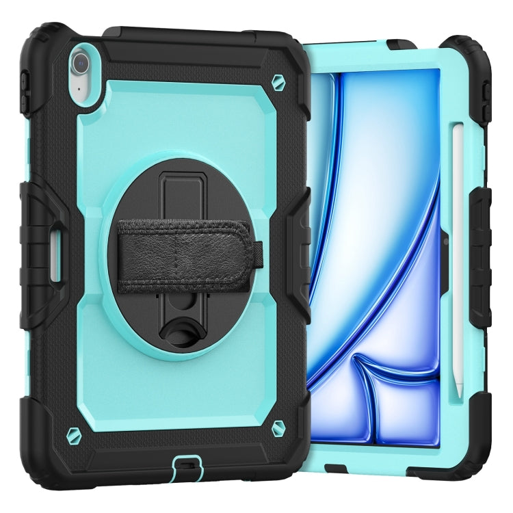For iPad Air 11 2025 / 2024 Turntable Holder Silicone Hybrid PC Tablet Case with Shoulder Strap(Black + Light Blue) - iPad Air 11 2025 / 2024 Cases by buy2fix | Online Shopping UK | buy2fix