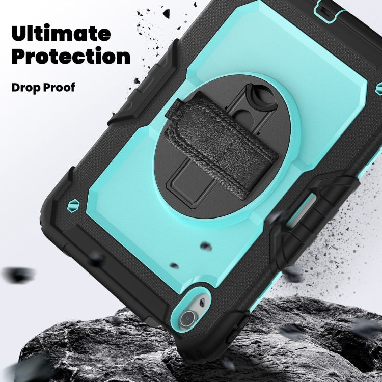 For iPad Air 11 2025 / 2024 Turntable Holder Silicone Hybrid PC Tablet Case with Shoulder Strap(Black + Light Blue) - iPad Air 11 2025 / 2024 Cases by buy2fix | Online Shopping UK | buy2fix