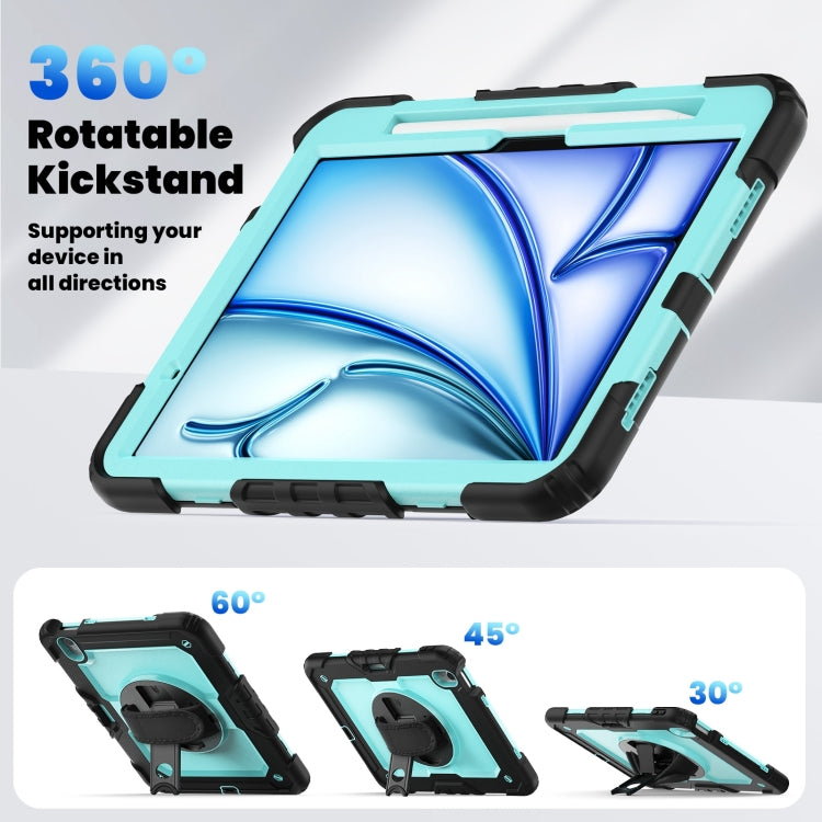 For iPad Air 11 2025 / 2024 Turntable Holder Silicone Hybrid PC Tablet Case with Shoulder Strap(Black + Light Blue) - iPad Air 11 2025 / 2024 Cases by buy2fix | Online Shopping UK | buy2fix