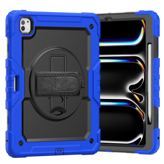 For iPad Pro 13 2024 Turntable Holder Silicone Hybrid PC Tablet Case with Shoulder Strap(Black + Dark Blue) - iPad Pro 13 2024 Cases by buy2fix | Online Shopping UK | buy2fix
