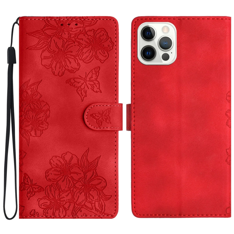 For iPhone 16 Pro Max Cherry Blossom Butterfly Skin Feel Embossed PU Phone Case(Red) by buy2fix
