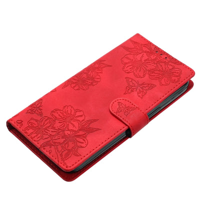 For iPhone 16 Pro Max Cherry Blossom Butterfly Skin Feel Embossed PU Phone Case(Red) by buy2fix
