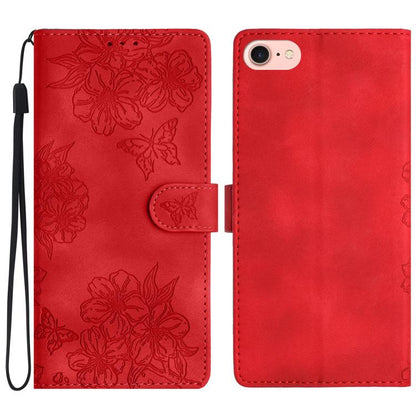 For iPhone 16e Cherry Blossom Butterfly Skin Feel Embossed PU Phone Case(Red) - iPhone 16e Cases by buy2fix | Online Shopping UK | buy2fix