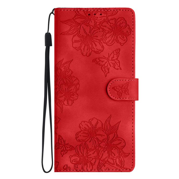 For iPhone 16e Cherry Blossom Butterfly Skin Feel Embossed PU Phone Case(Red) - iPhone 16e Cases by buy2fix | Online Shopping UK | buy2fix