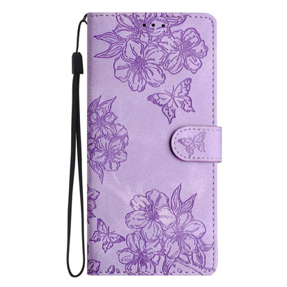 For iPhone 16e Cherry Blossom Butterfly Skin Feel Embossed PU Phone Case(Purple) - iPhone 16e Cases by buy2fix | Online Shopping UK | buy2fix