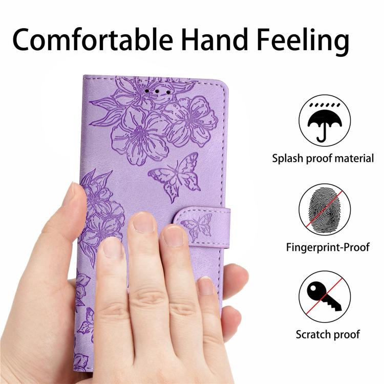 For iPhone 16e Cherry Blossom Butterfly Skin Feel Embossed PU Phone Case(Purple) - iPhone 16e Cases by buy2fix | Online Shopping UK | buy2fix