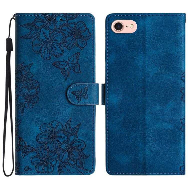 For iPhone 16e Cherry Blossom Butterfly Skin Feel Embossed PU Phone Case(Blue) - iPhone 16e Cases by buy2fix | Online Shopping UK | buy2fix